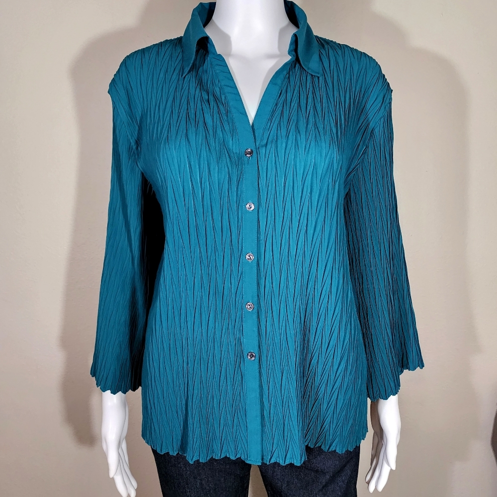 NICOLA 3/4 Sleeve Button Down Turquoise Crinkle Shirt